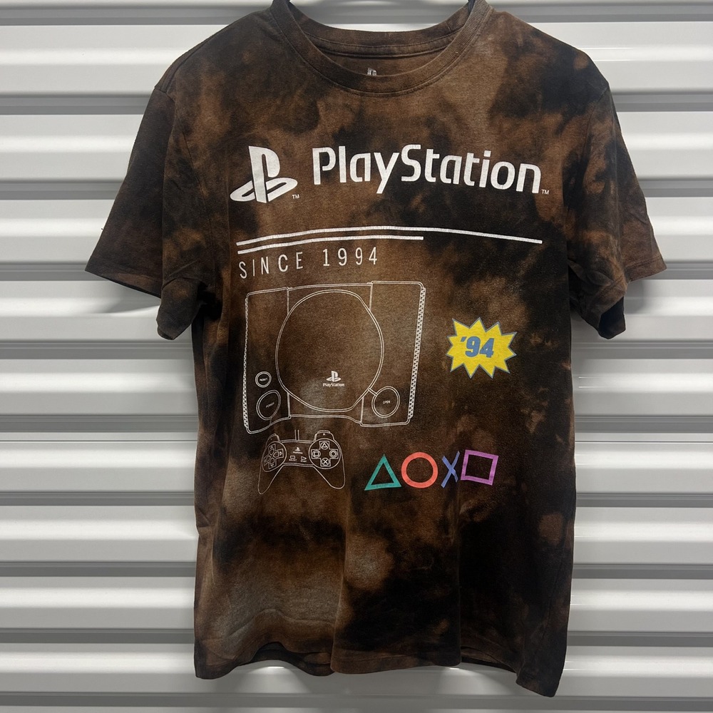 PlayStation Size M Mens Brown Tie Dye Graphic T-Shirt Retro 1994 Console Logo — photo 2